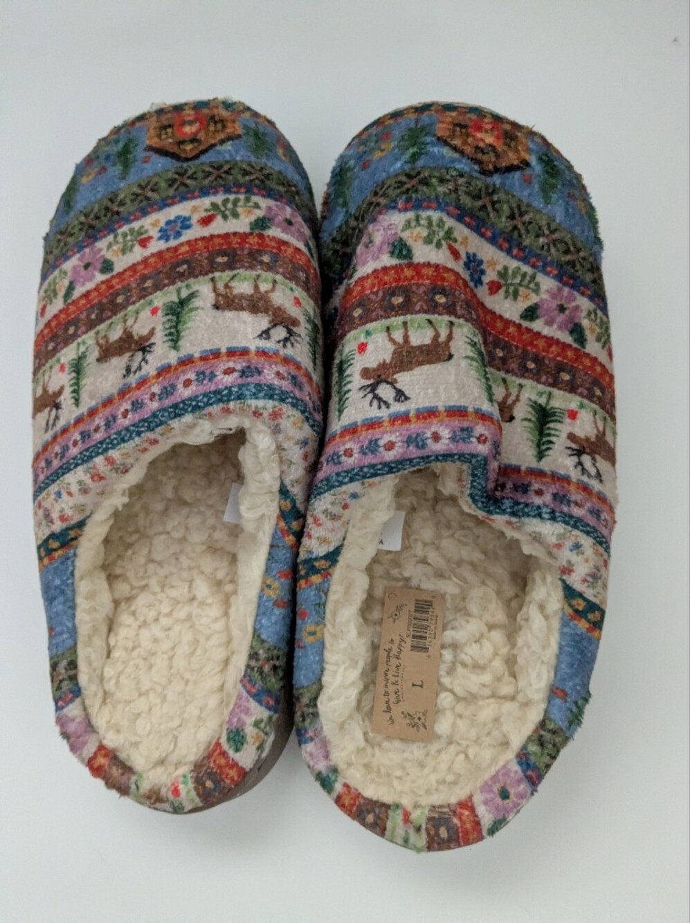 New Natural Life Women's L 9/10 Sherpa Lined Slippers Moose Cottage Slip On Mule